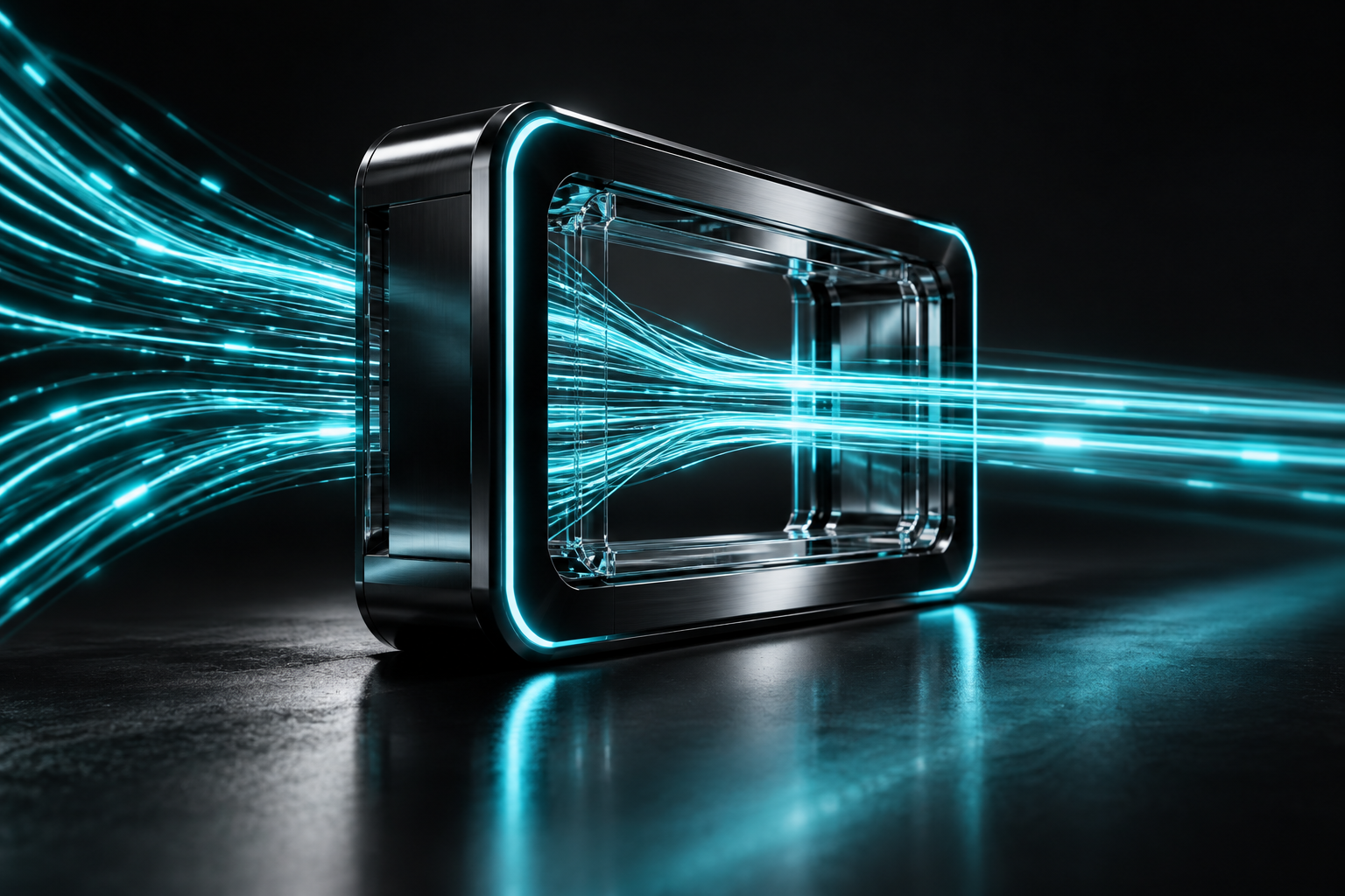 Cyan light streaming through a chrome accelerator